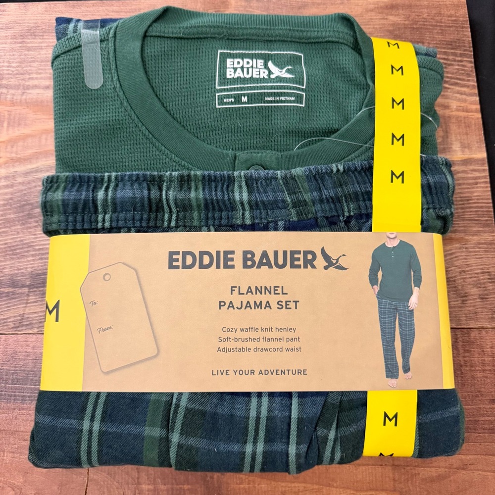 Eddie Bauer Mens Flannel Pajama Set Green Plaid Waffle Henley M EB010777 New